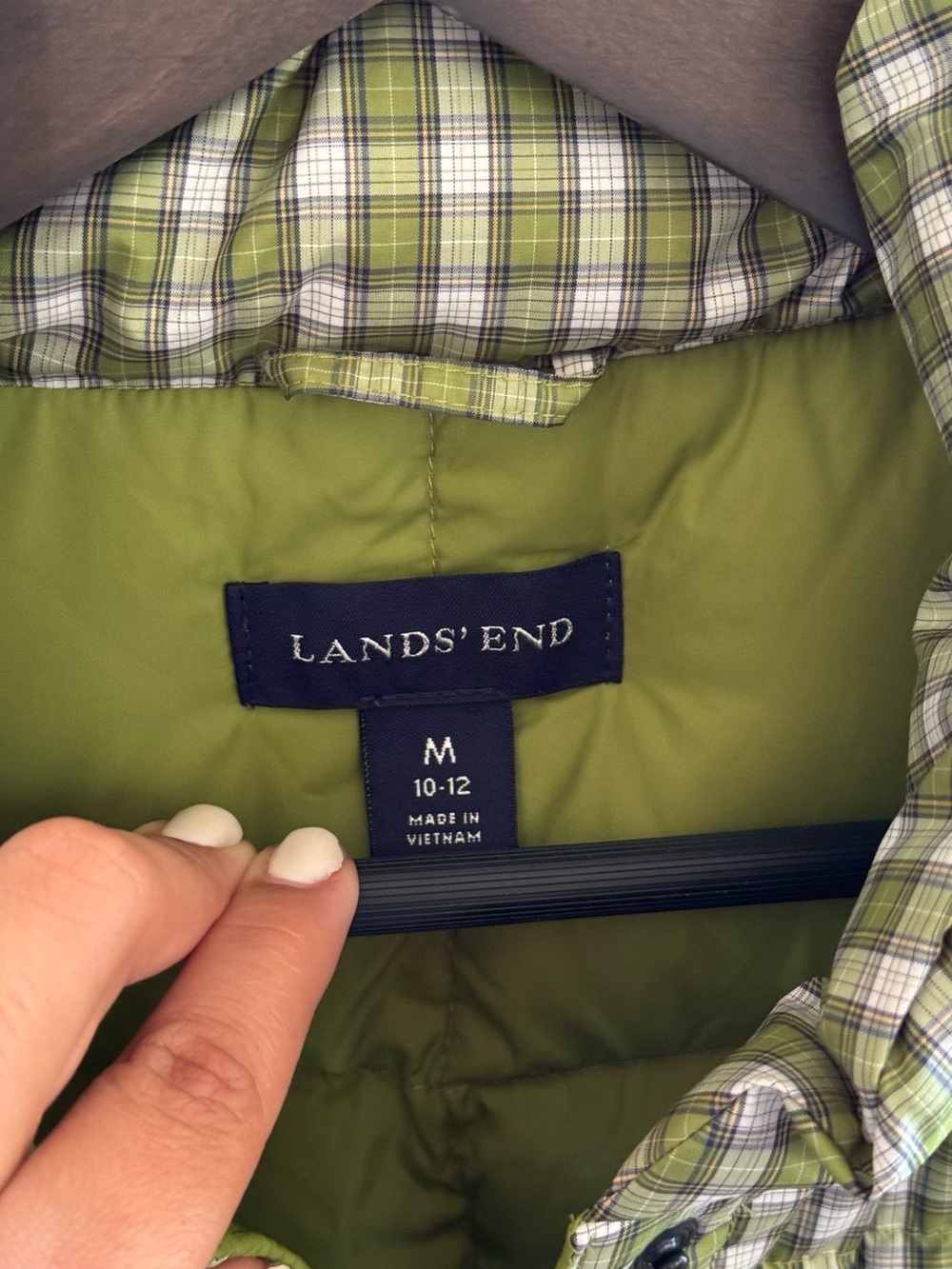 VTG Lands' End Gingham Plaid Down Puffer Vest Green White - Picture 2 of 6